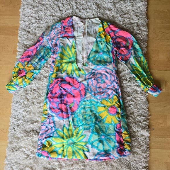 BH WRAGGE Vibrant Floral Long Sleeve Dress  Deep V Neck Size Medium Retro - Picture 2 of 15